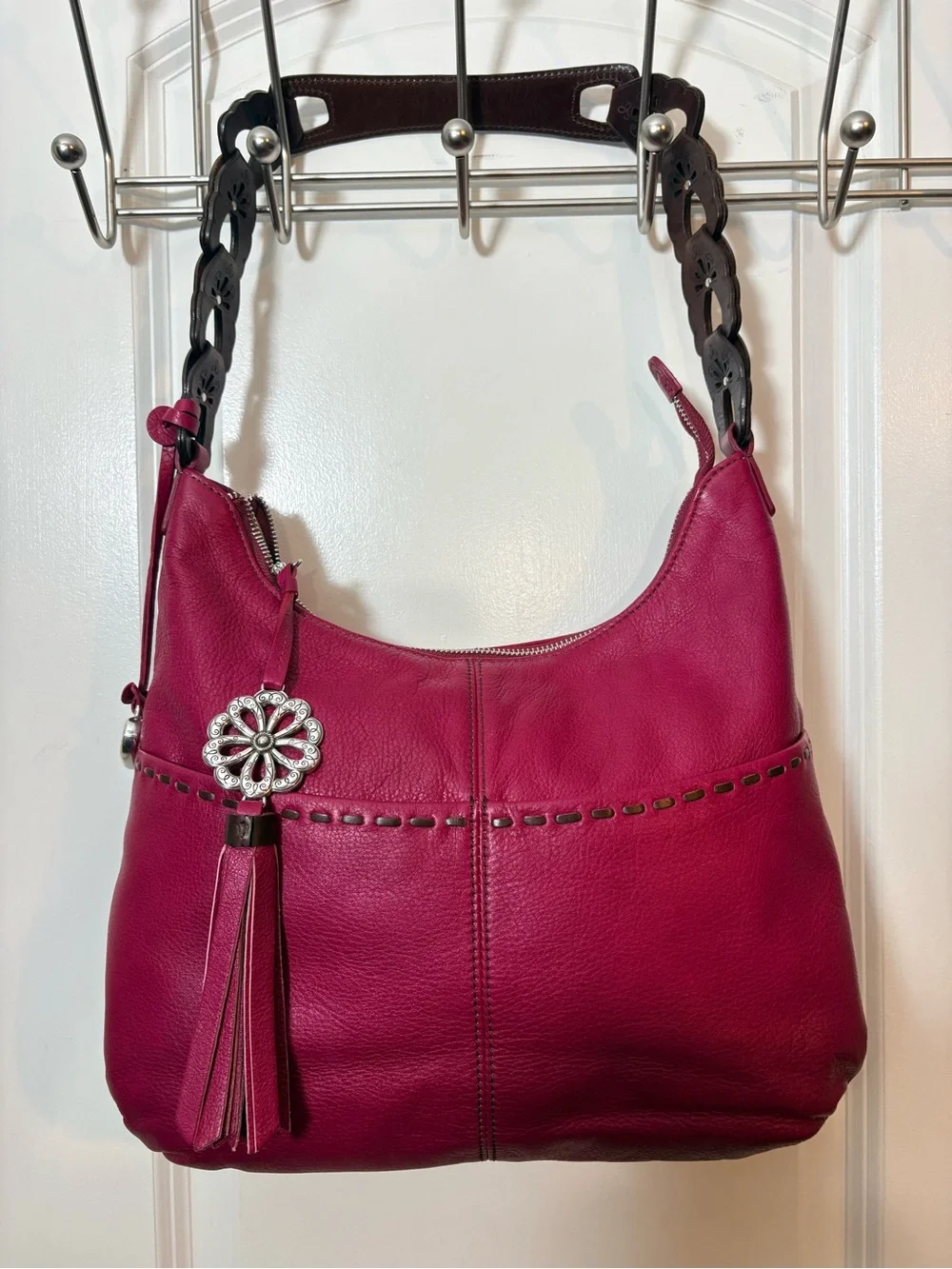 Brighton Berry Pink Leather Hobo Shoulder Bag Scalloped Floral Strap F146897